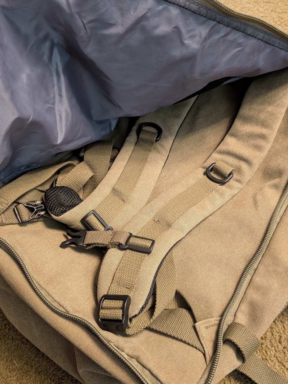 Canvas Travel Backpack in Khaki with Leather Accents - Picture 4 of 13
